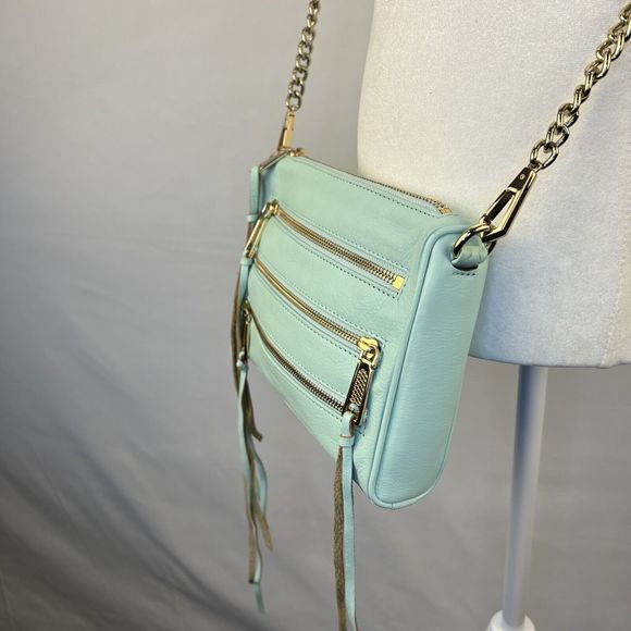 Rebecca Minkoff Crossbody Mini Bag Leather Purse Studded 5 Zip Mint Clutch Tote - Picture 14 of 16